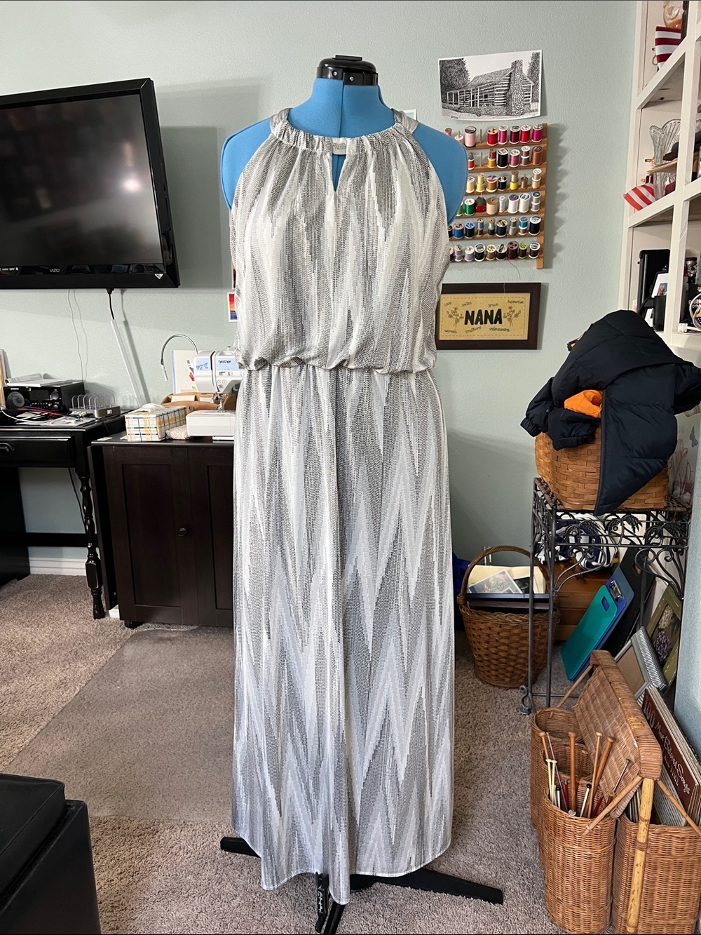 Chico's Gray/Silver  and White Chevron Maxi Dress